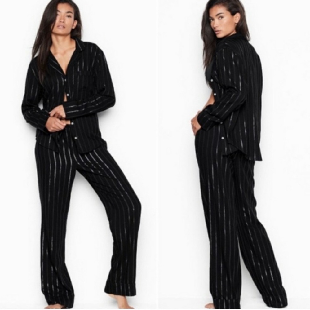 Victoria’s Secret Satin Stripe Pajama Set Black Button Up Loungewear Small